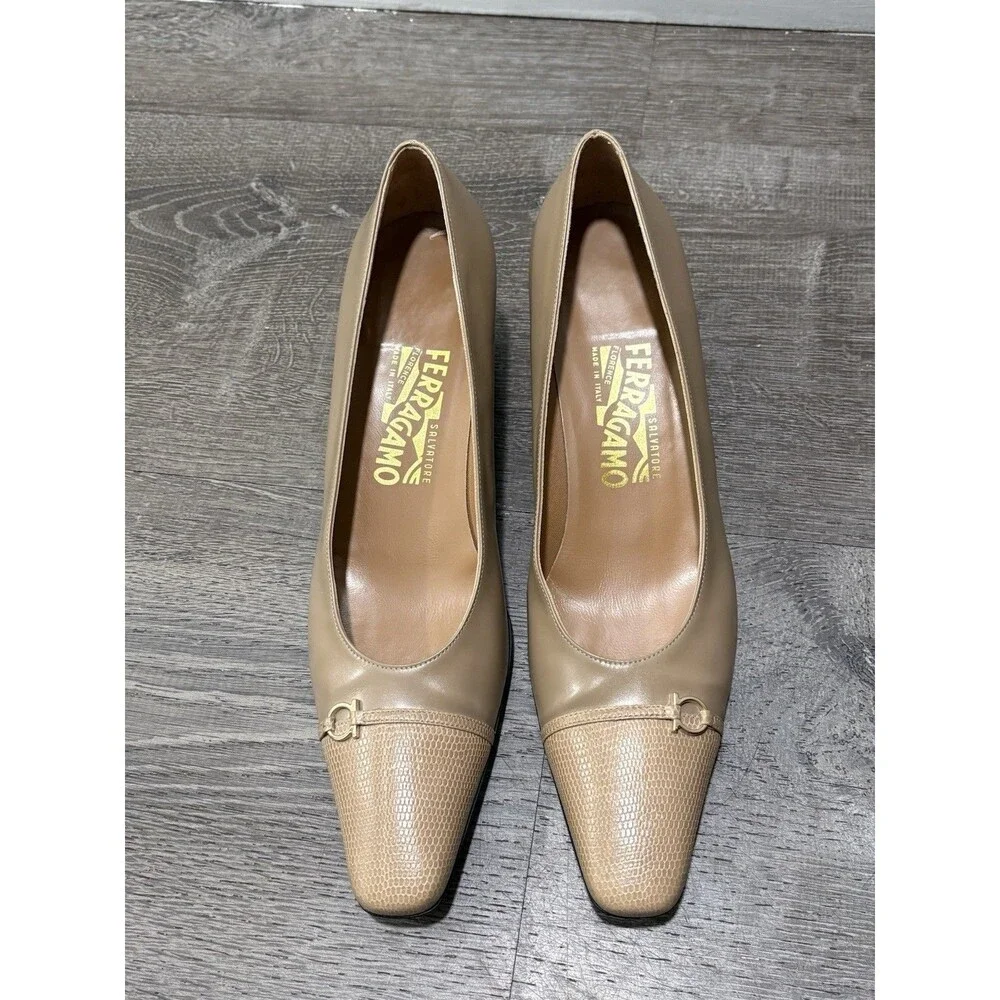Vintage Salvatore Ferragamo Lizard Cap Toe Kitten Heels Taupe Beige Size 10 4A